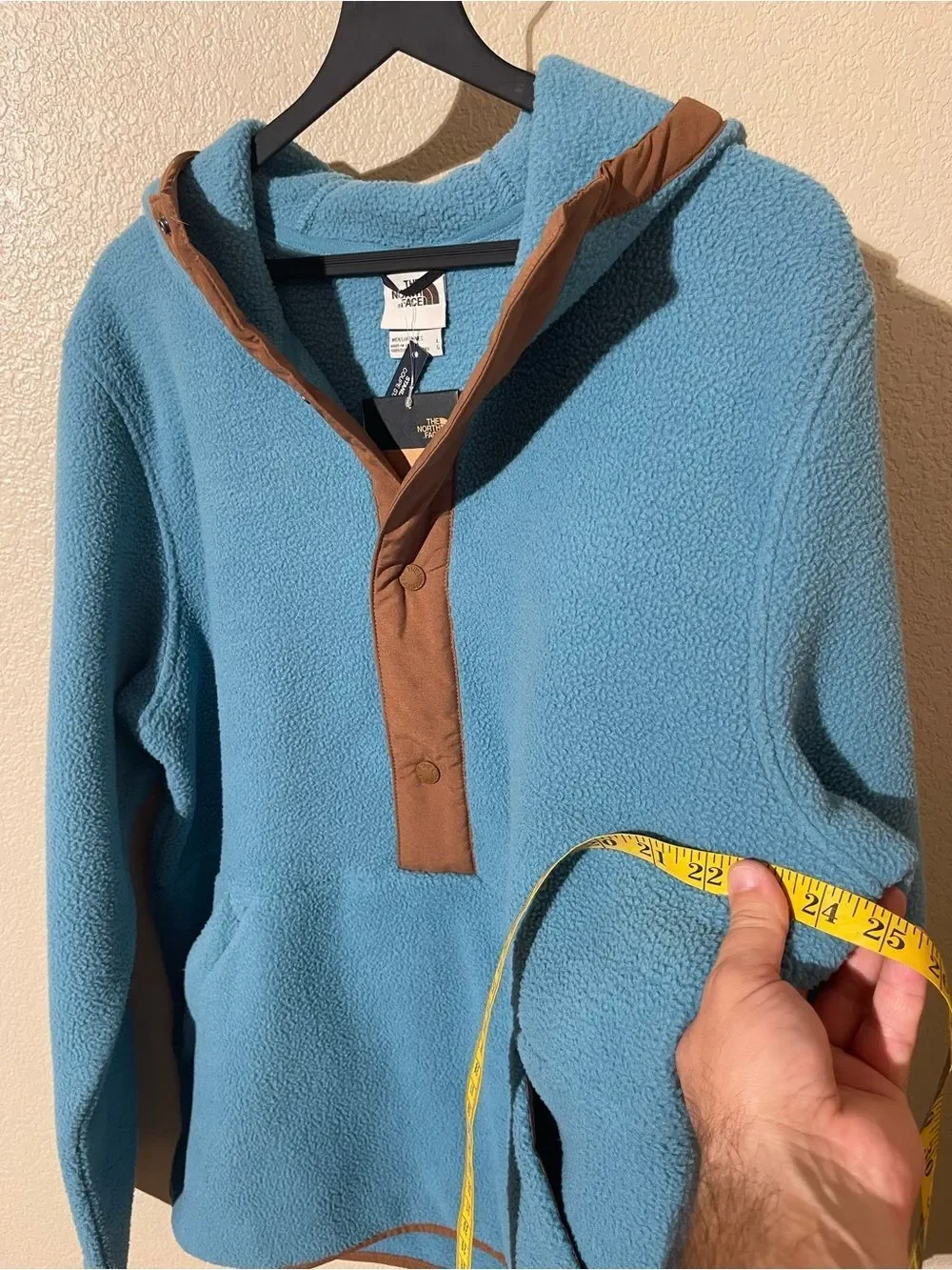 The North Face Men's Teal Hooded Fleece Pullover with Tan Trim